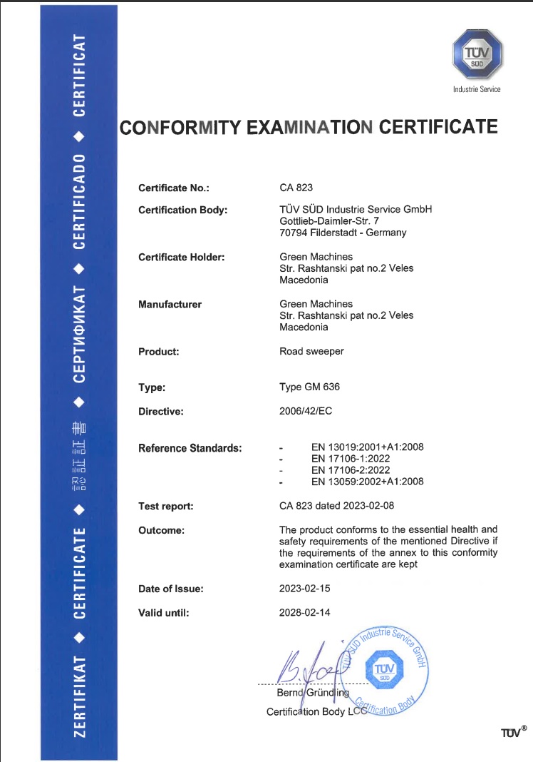 TUV certificate of the GM 636 stage V - Green Machines